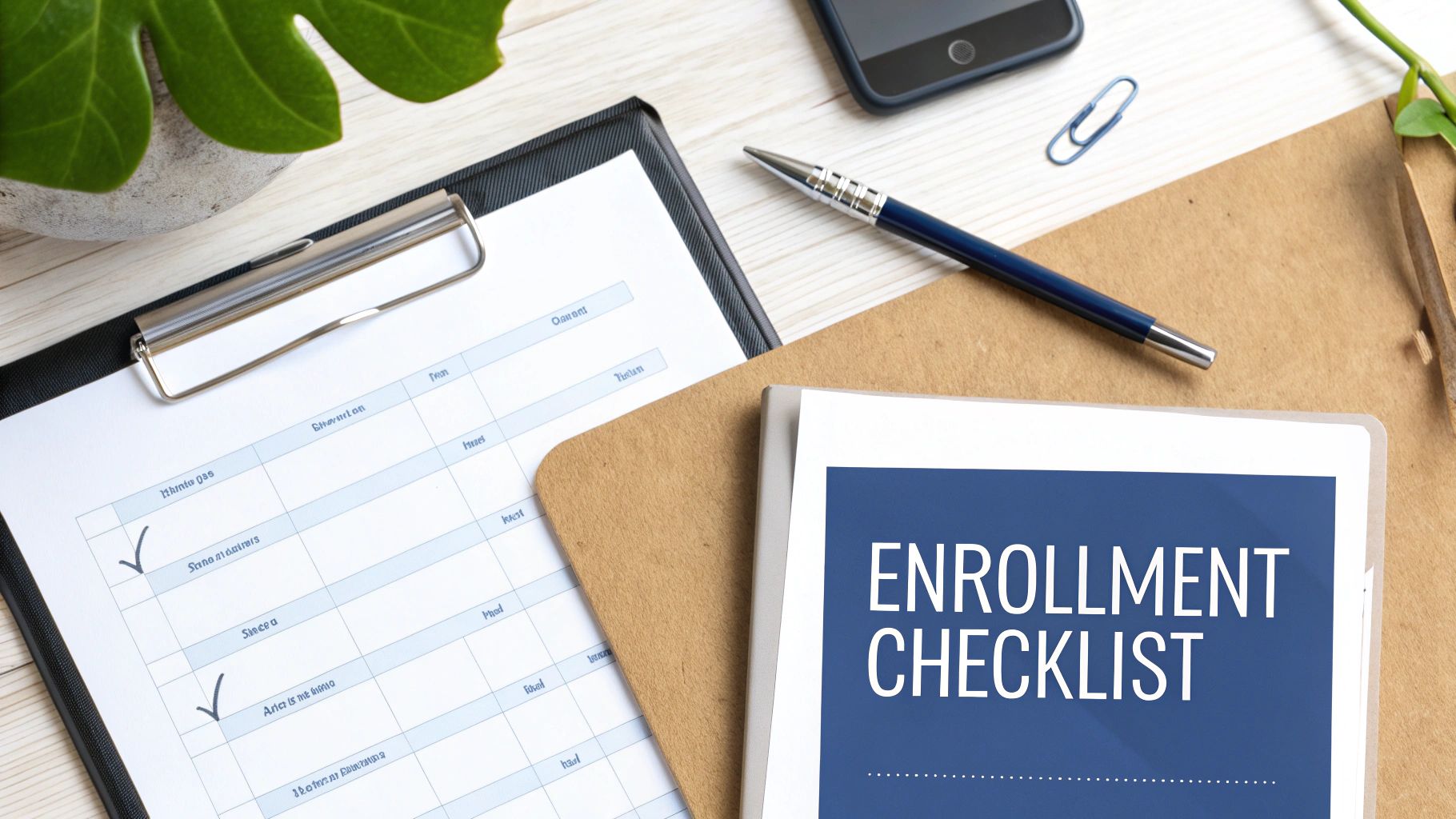 A flat lay of a desk with an 'ENROLLMENT CHECKLIST' document, a clipboard, a pen, and a smartphone.