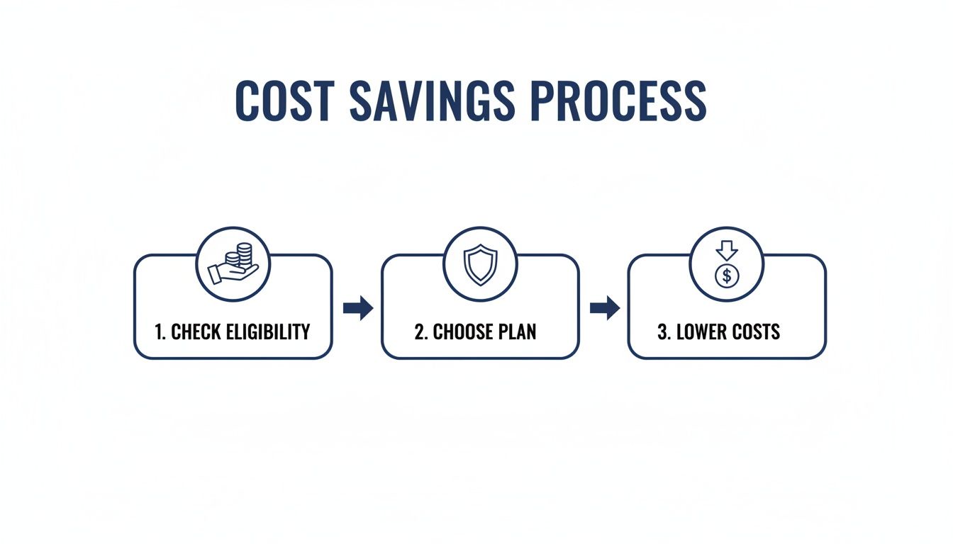 Infographic illustrating a cost savings process with three steps: check eligibility, choose plan, and lower costs.