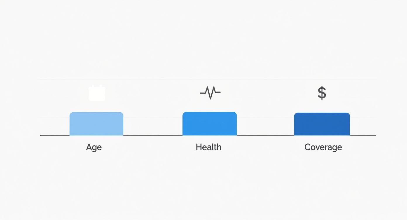 Three ascending blue bars representing age, health, and coverage factors in life insurance cost comparison