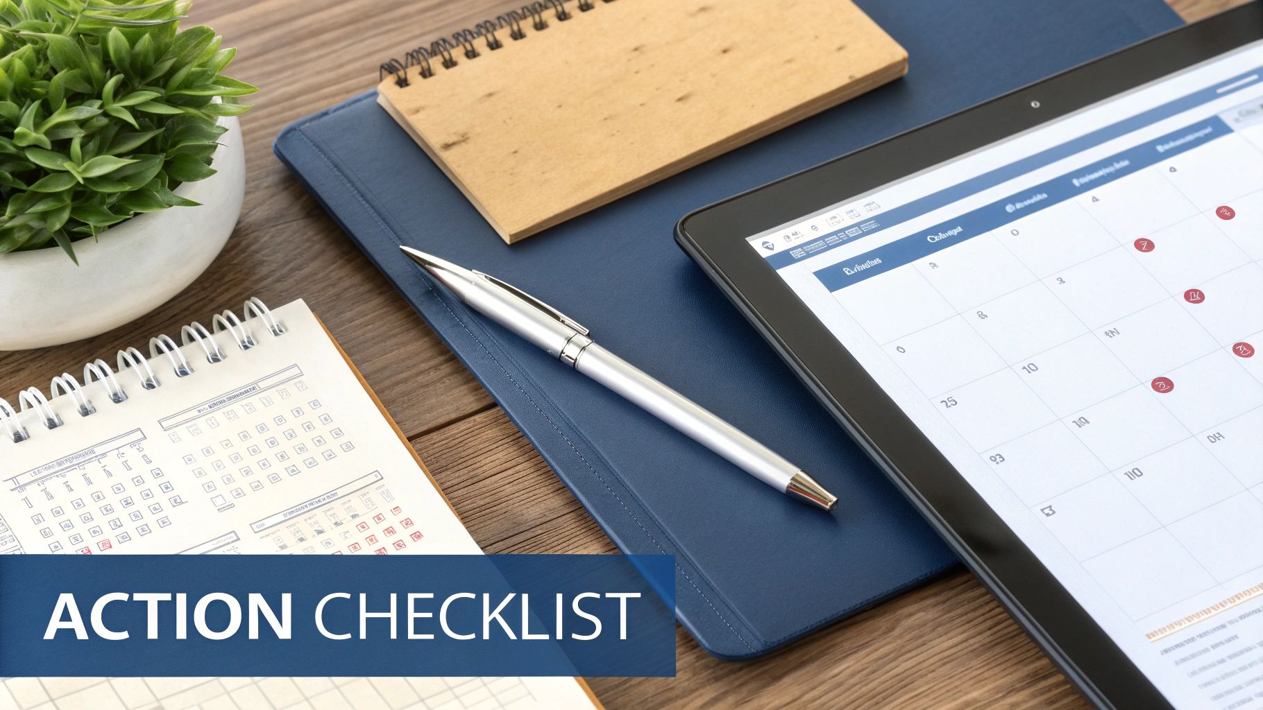 A desk with a plant, notebooks, a pen, and a tablet showing a calendar and an action checklist.