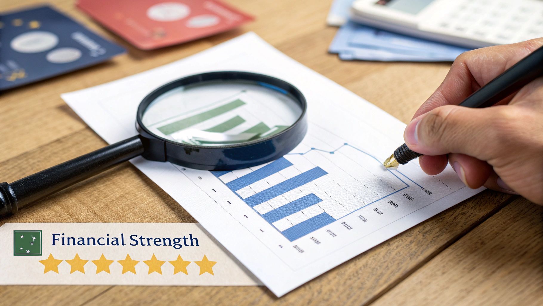 A hand uses a pen to mark a financial graph with a magnifying glass nearby, showing financial strength.