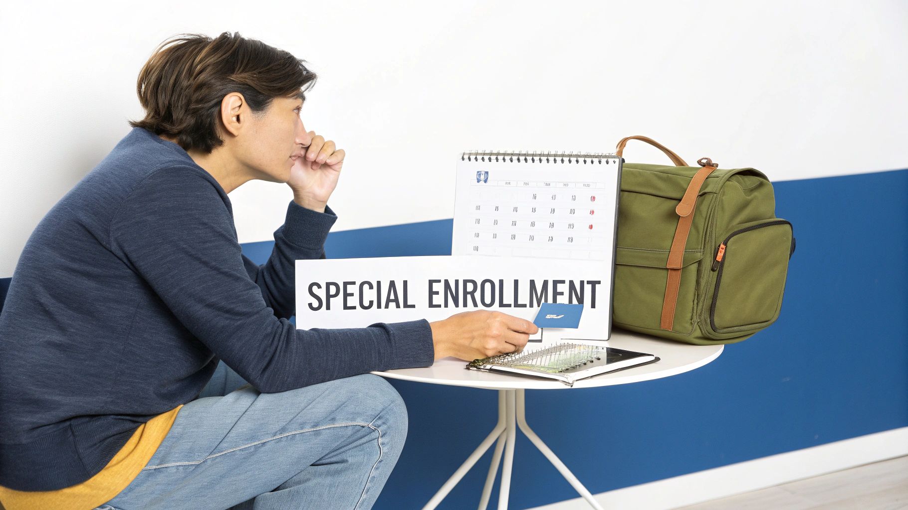A person sits at a table with a 'SPECIAL ENROLLMENT' sign, holding a card, next to a calendar and bag.