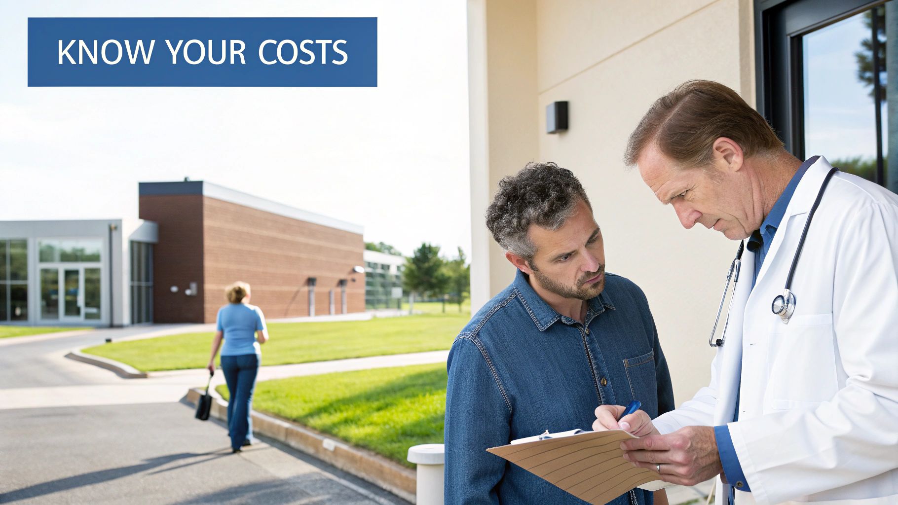 A doctor reviews medical costs paperwork with a male patient outside a clinic building.