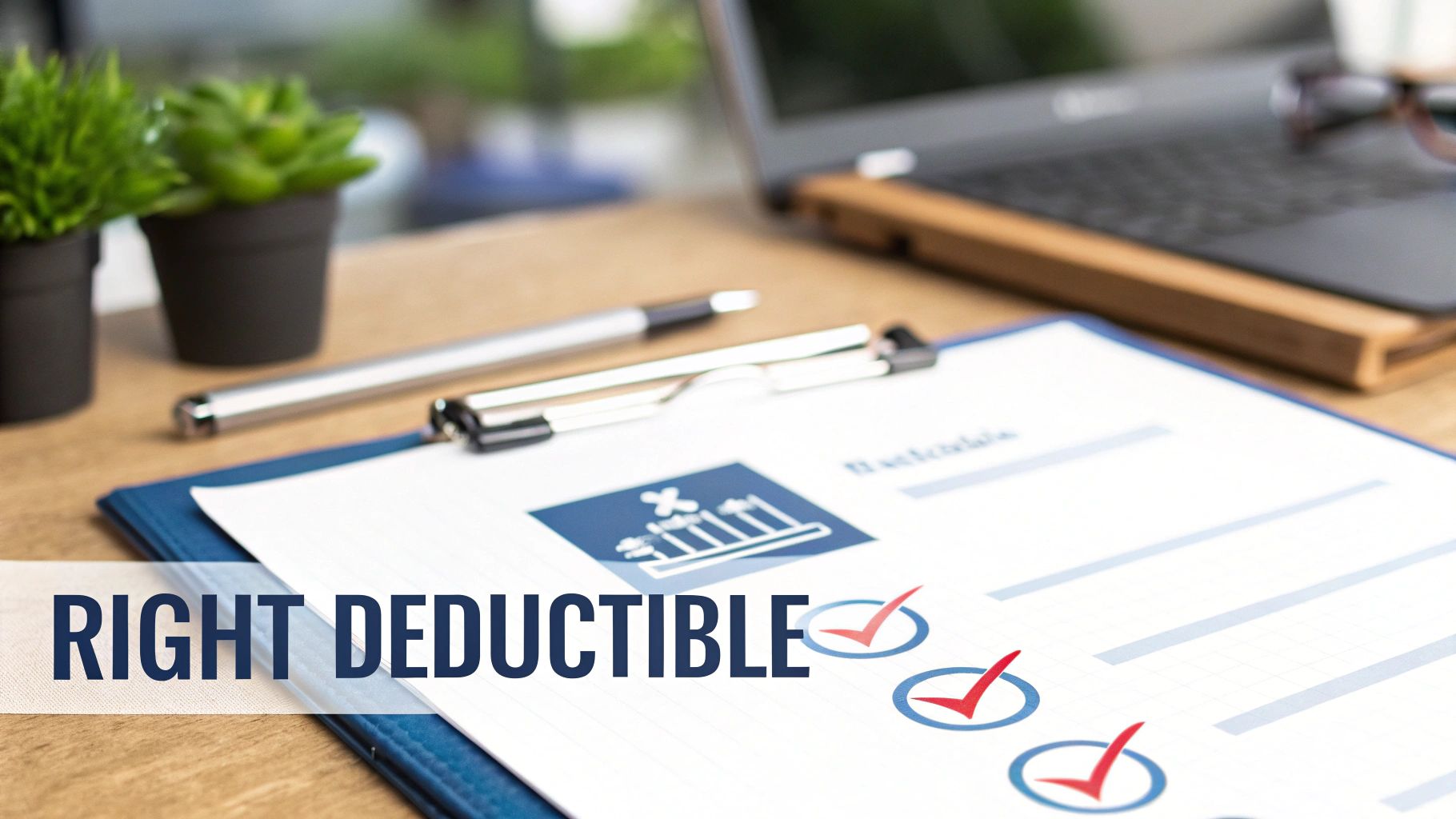 A document on a clipboard with 'RIGHT DEDUCTIBLE' text, a checklist with red checkmarks, and a finance icon.