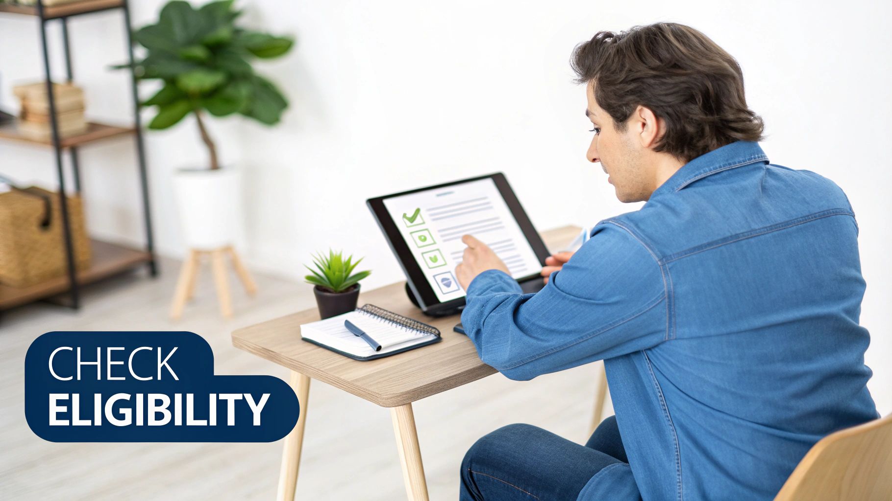 Man checking eligibility on a tablet at a desk with a plant and notebook.