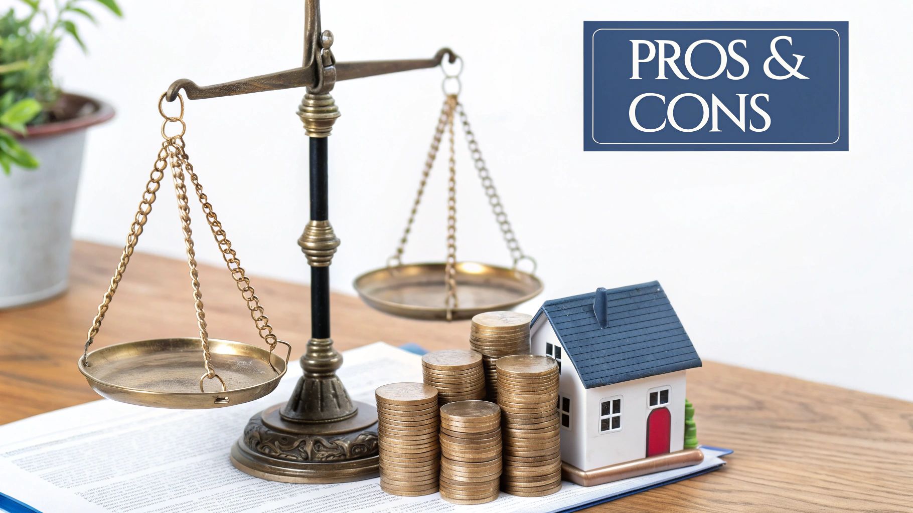 A balance scale, coins, and a house model represent property investment pros and cons.