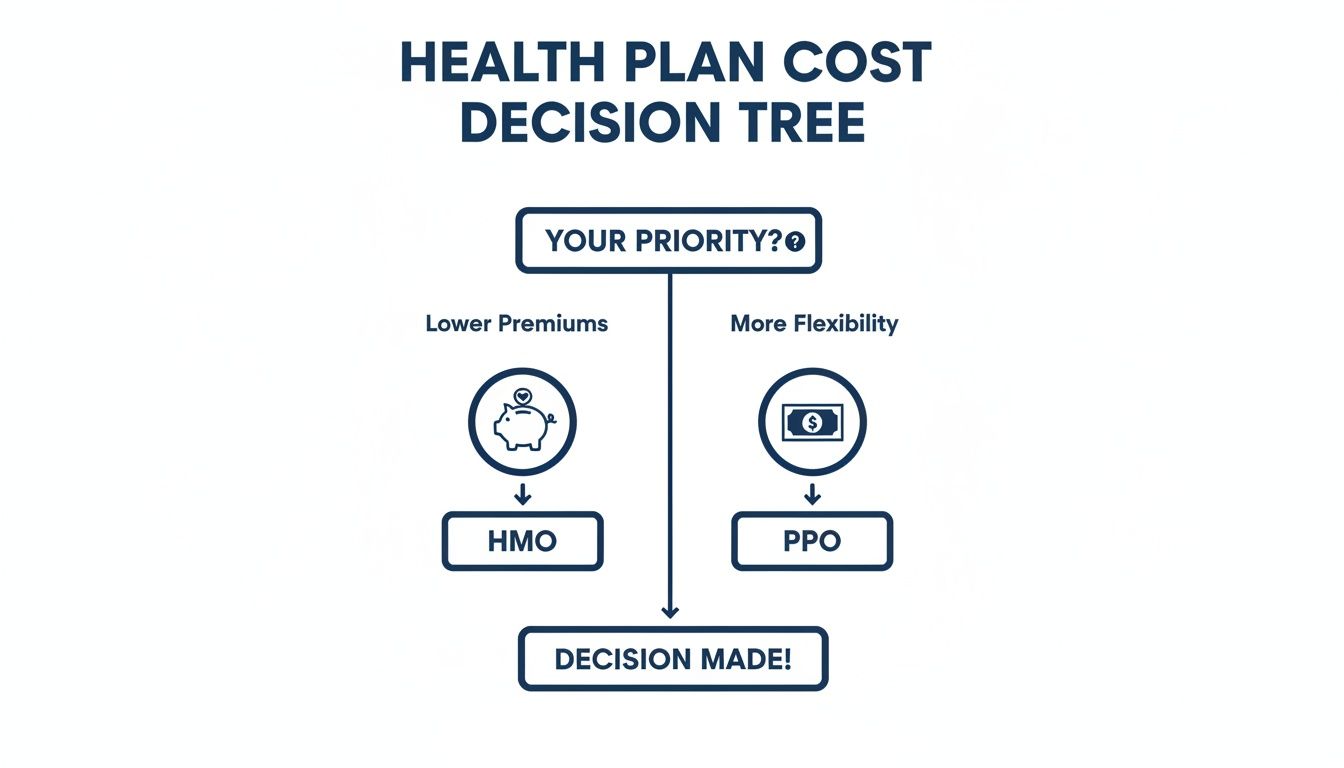 A decision tree diagram for health plan cost, illustrating choice between HMO for lower premiums and PPO for more flexibility.