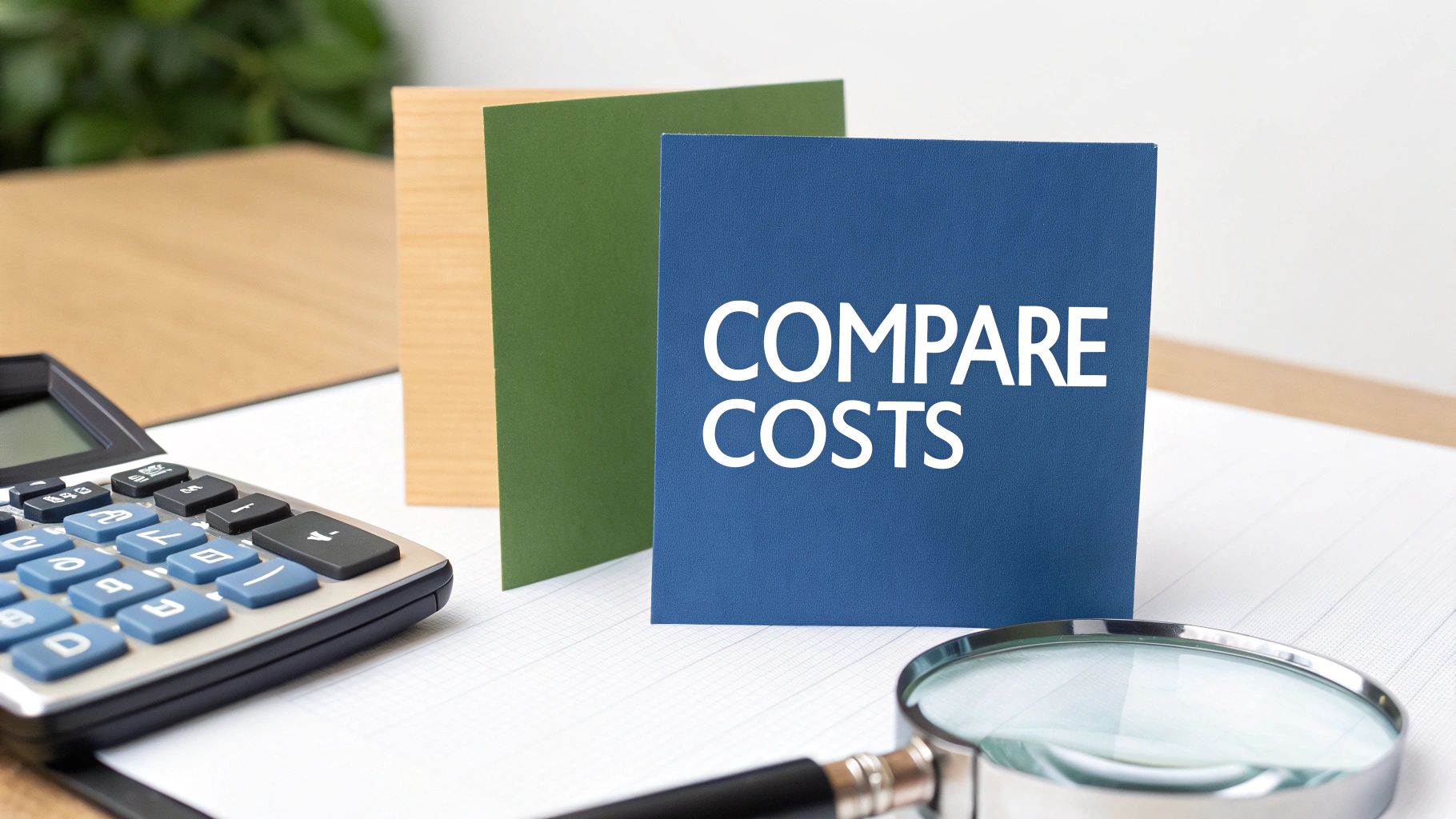 A blue card displaying 'COMPARE COSTS' next to a calculator and magnifying glass.