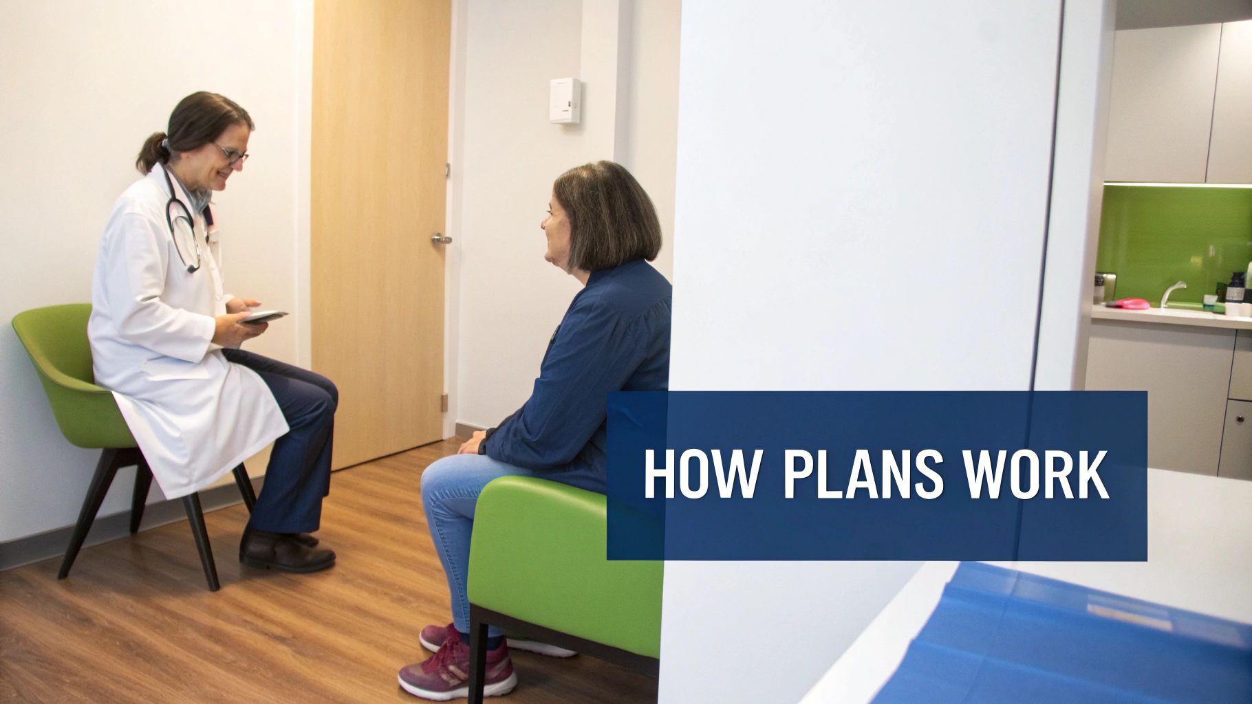 A smiling female doctor in a white coat talks to a patient in a medical office, holding a tablet.