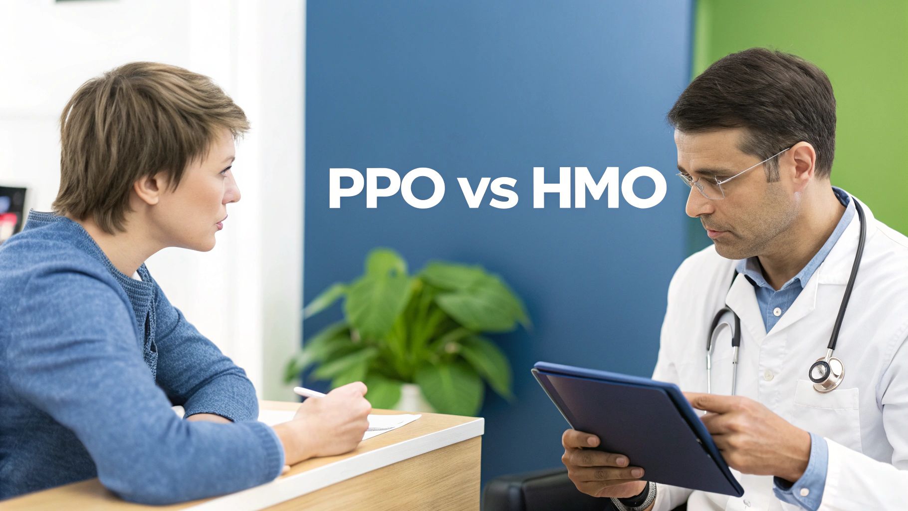 A woman and a doctor discussing or comparing PPO vs HMO health insurance plans.