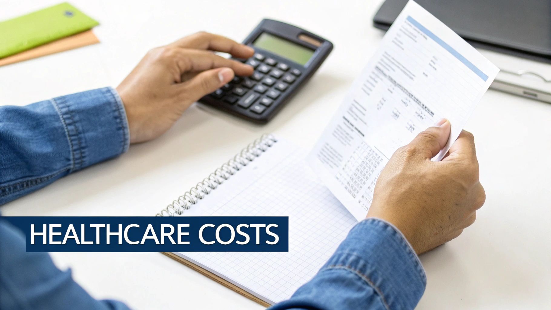 A person in a denim shirt calculates healthcare costs using a calculator and reviewing a document.