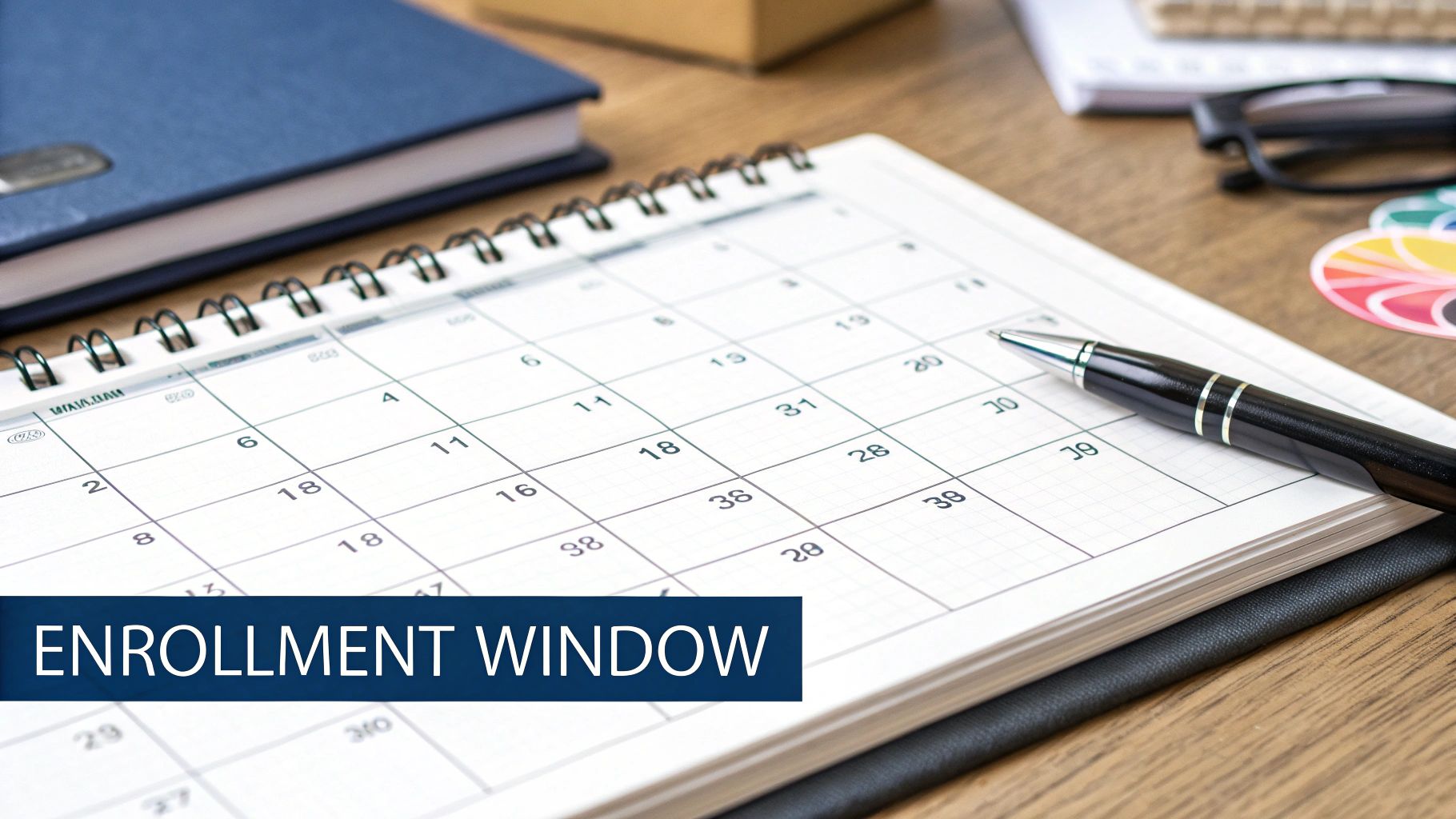 A calendar with specific dates circled, representing important Medicare enrollment periods.