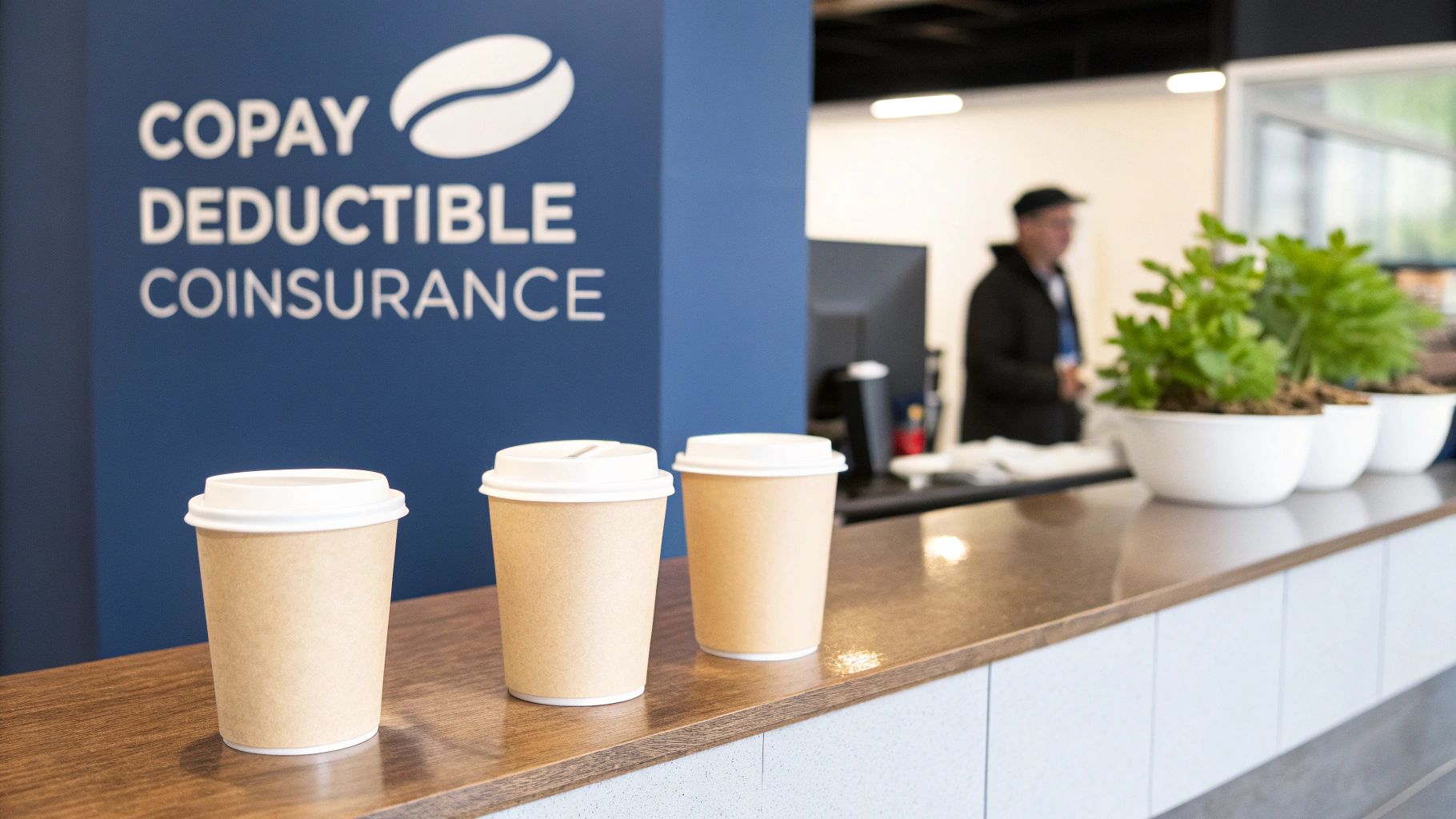 Three icons representing a deductible (dollar sign in a shield), a copay (hand giving money), and a coinsurance (percentage sign).