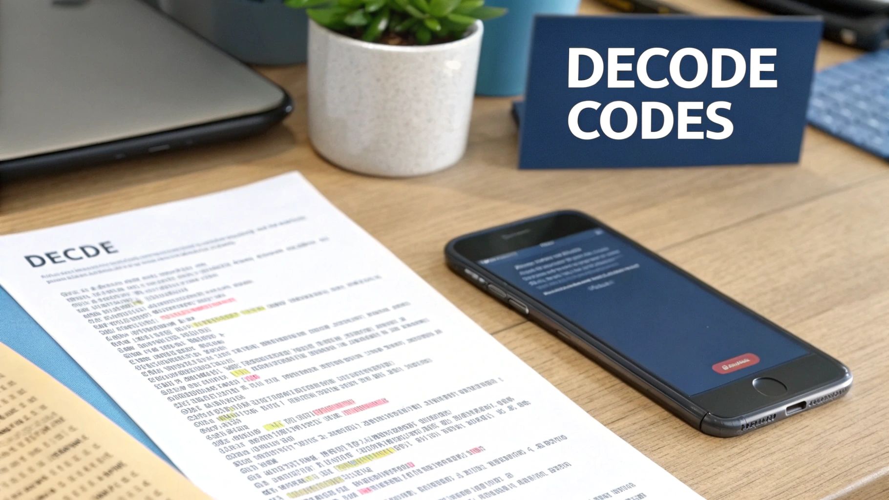 Documents, a smartphone, and a 'DECODE CODES' sign on a wooden desk.