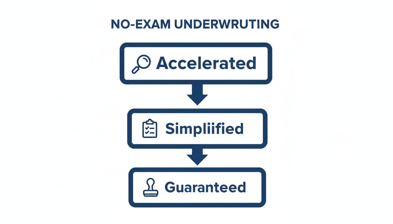Flowchart illustrating no-exam underwriting process as accelerated, simplified, and guaranteed steps.