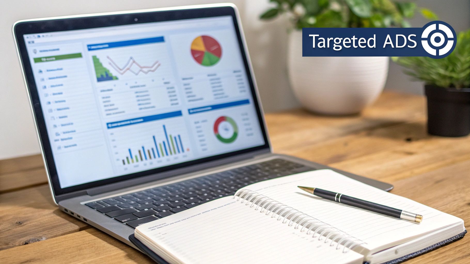 Laptop displaying a marketing analytics dashboard with charts, graphs, and data, next to a notebook and pen, with text 'Targeted ADS'.