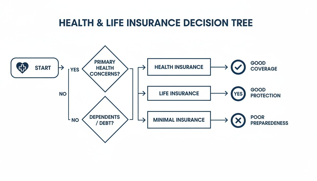 A decision tree flowchart for health and life insurance, guiding choices based on health and dependents.