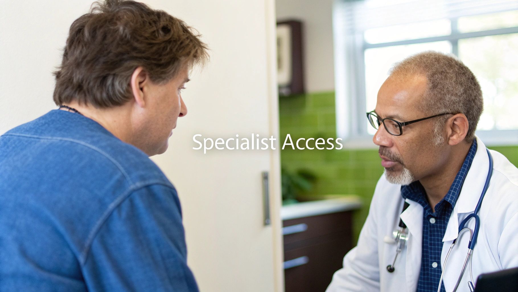 A male patient in a blue shirt consulting with a male doctor in a white lab coat, with text 'Specialist Access'.
