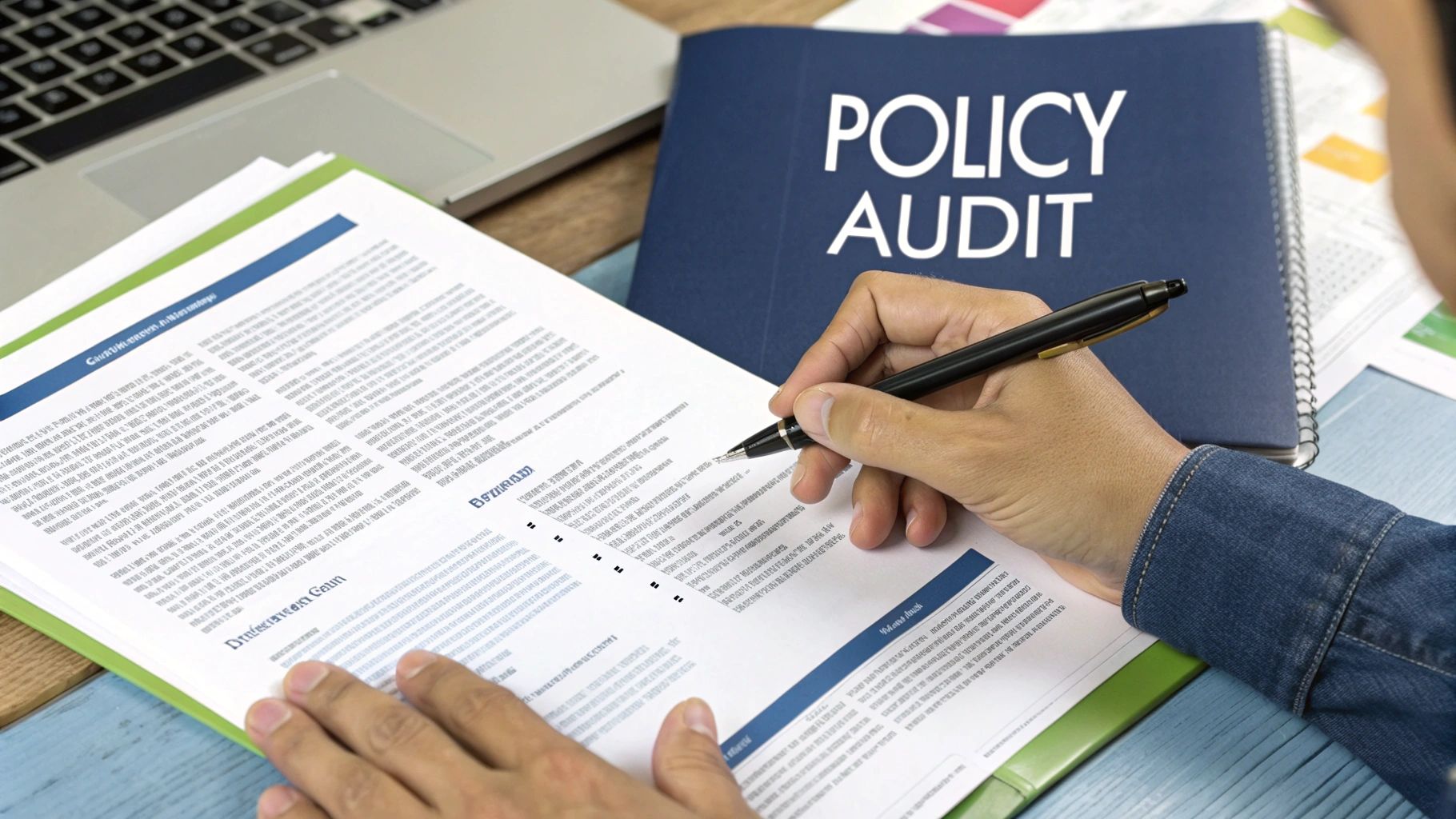 A close-up shot of an insurance policy document with a pen and glasses resting on it.