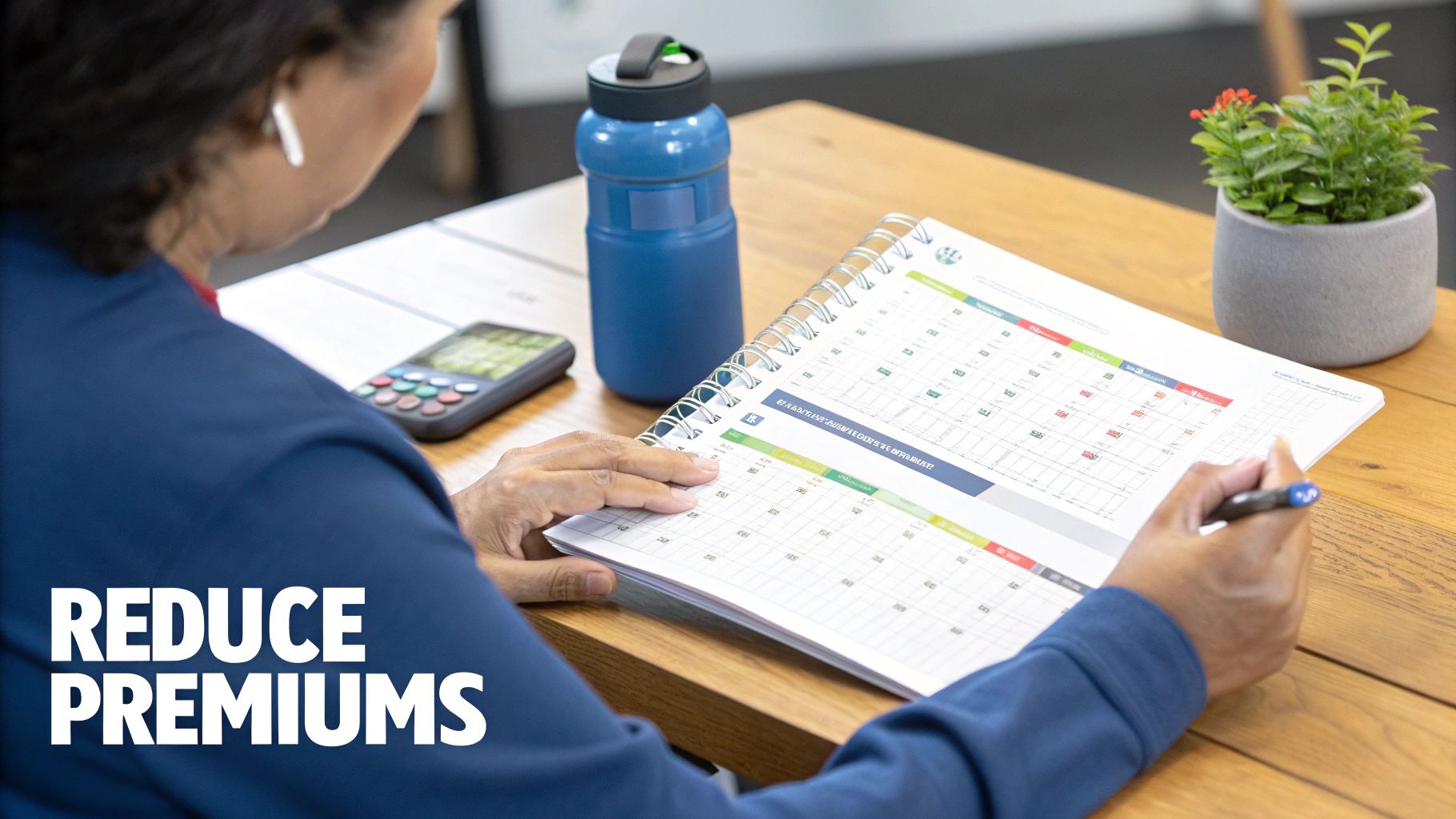 Woman reviewing colorful calendar planner at desk to reduce term life insurance premiums