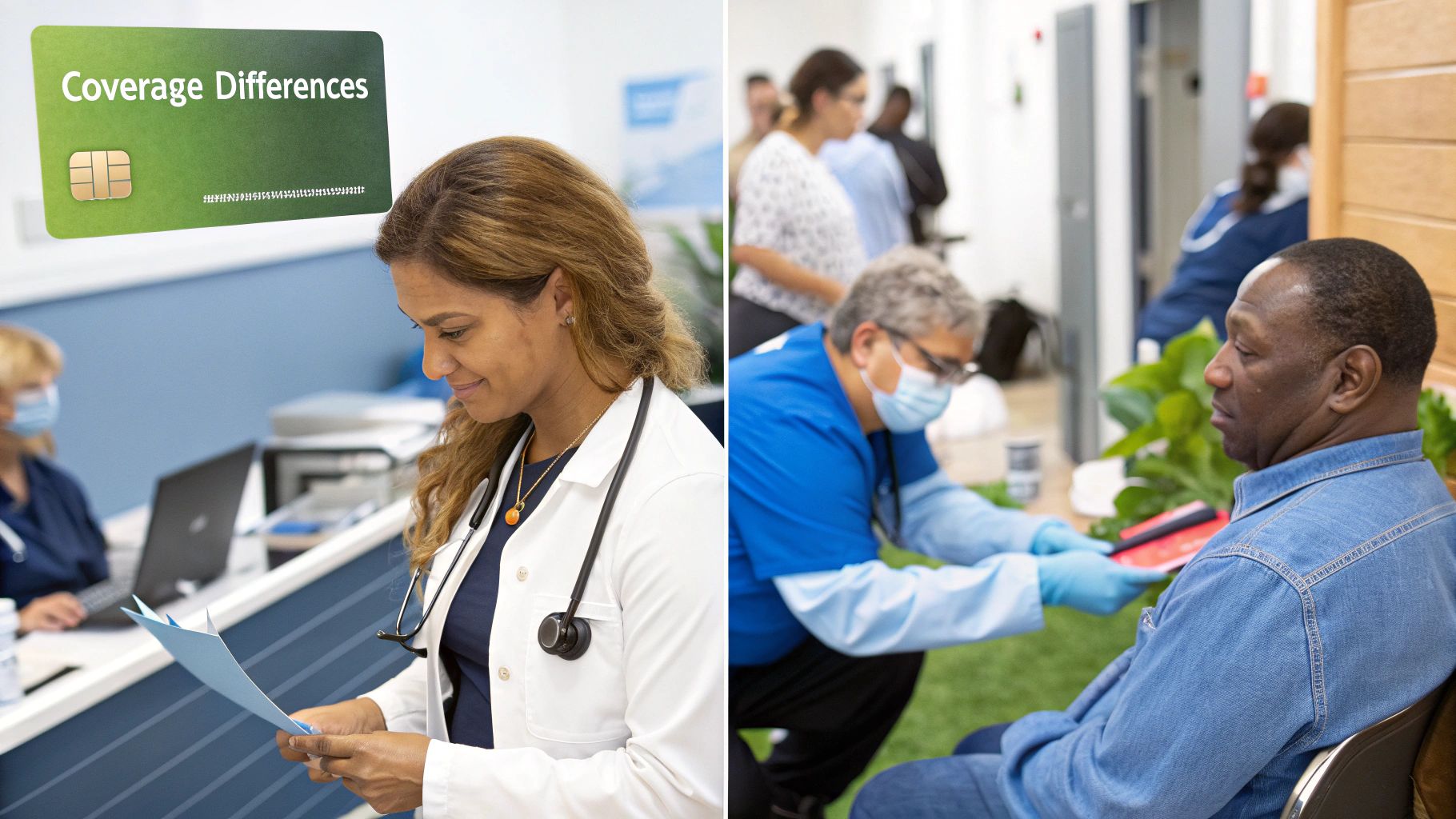 A diverse group of individuals reviewing health insurance documents in a modern office setting, representing the variety of private insurance choices.