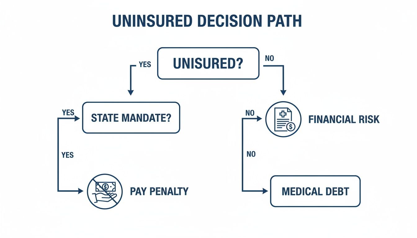 Flowchart showing the uninsured decision path, covering state mandates, penalties, financial risk, and medical debt implications.