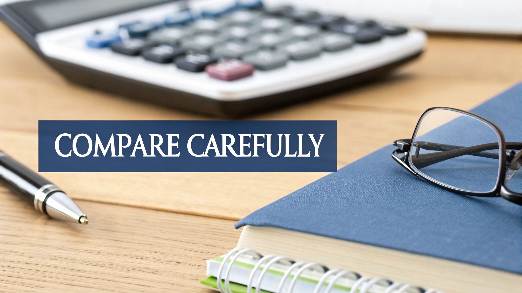 A desk with a calculator, pen, notebook, and glasses, highlighting the message 'COMPARE CAREFULLY'.