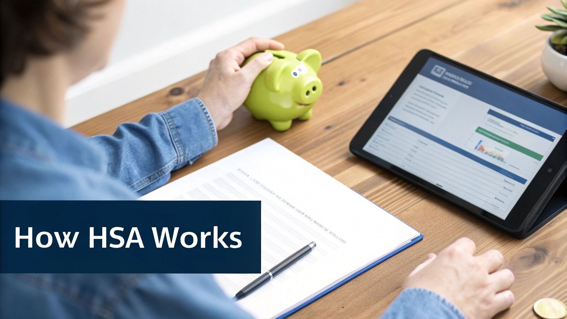 A person reviews 'How HSA Works' on a document and tablet, holding a green piggy bank.