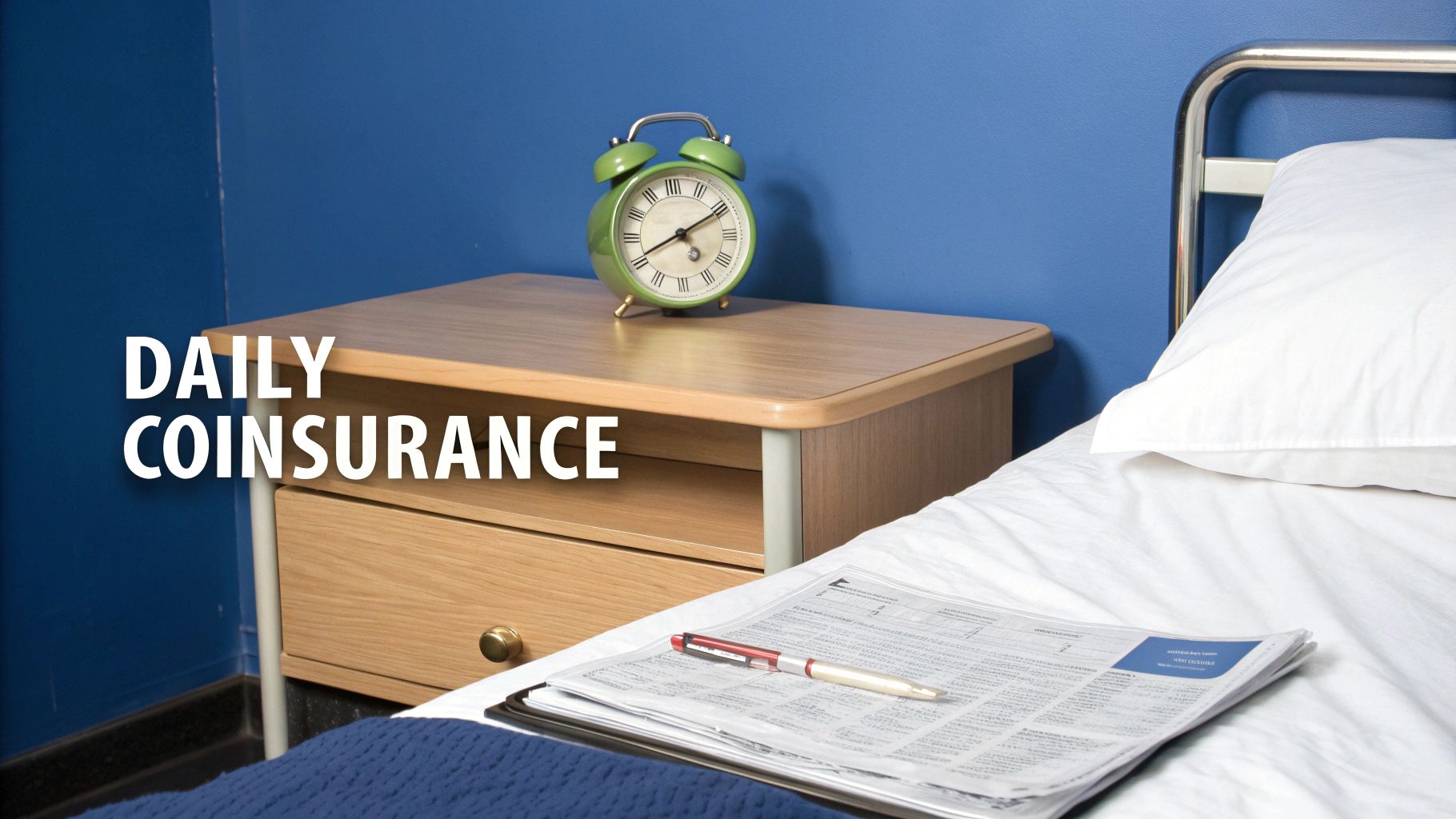 A hospital room setting with a bed, nightstand, alarm clock, and 'DAILY COINSURANCE' text.