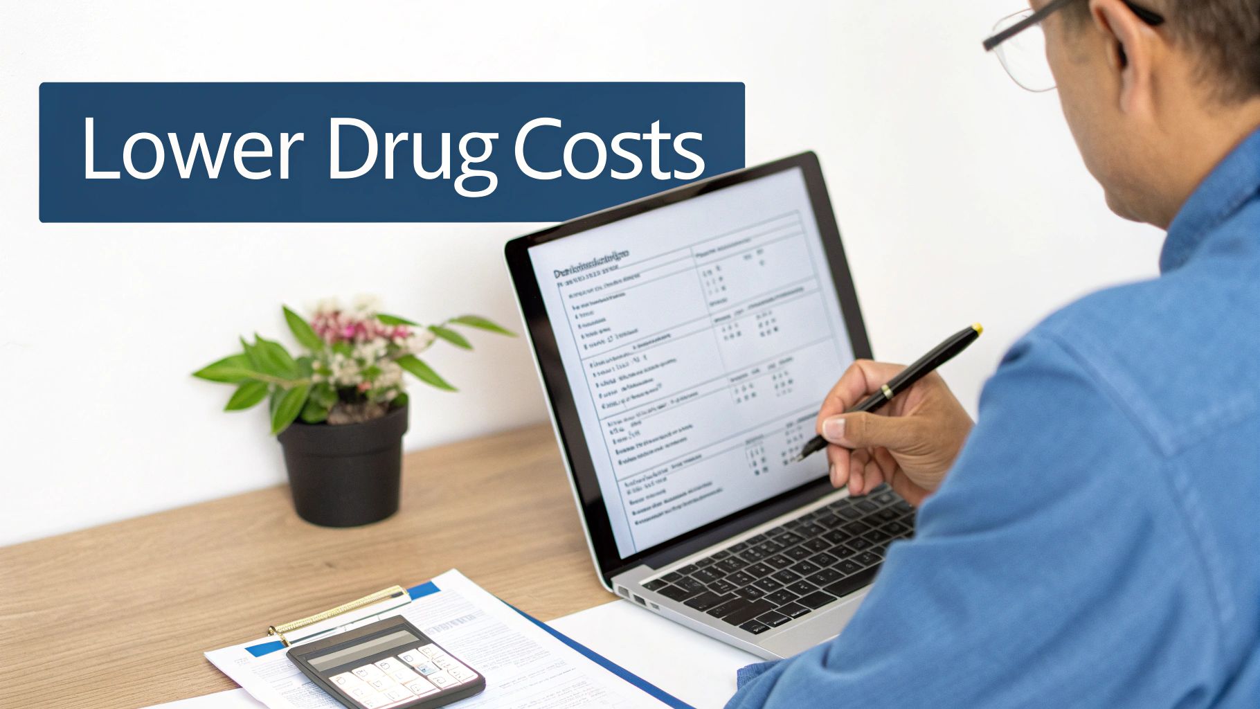 A person reviews 'Lower Drug Costs' on a laptop screen with a calculator and documents.