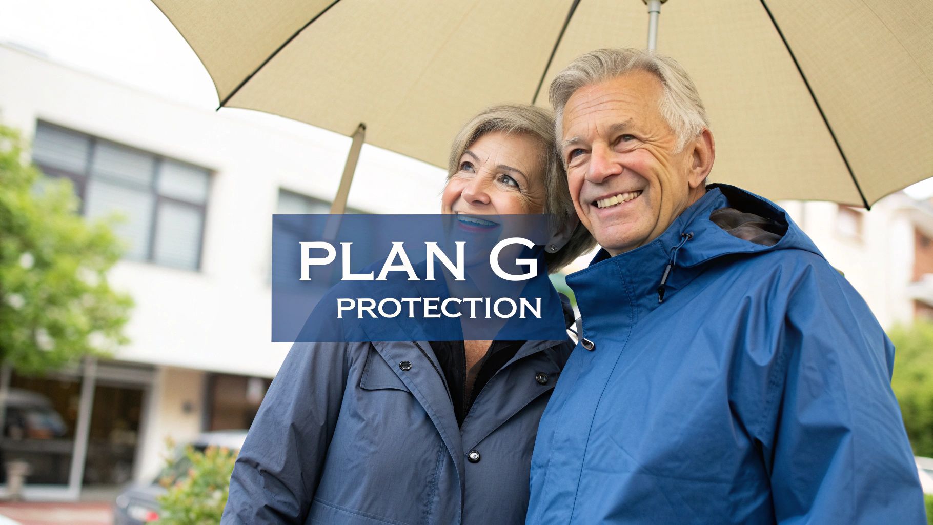 A happy senior couple smiling under an umbrella, symbolizing protection and well-being.