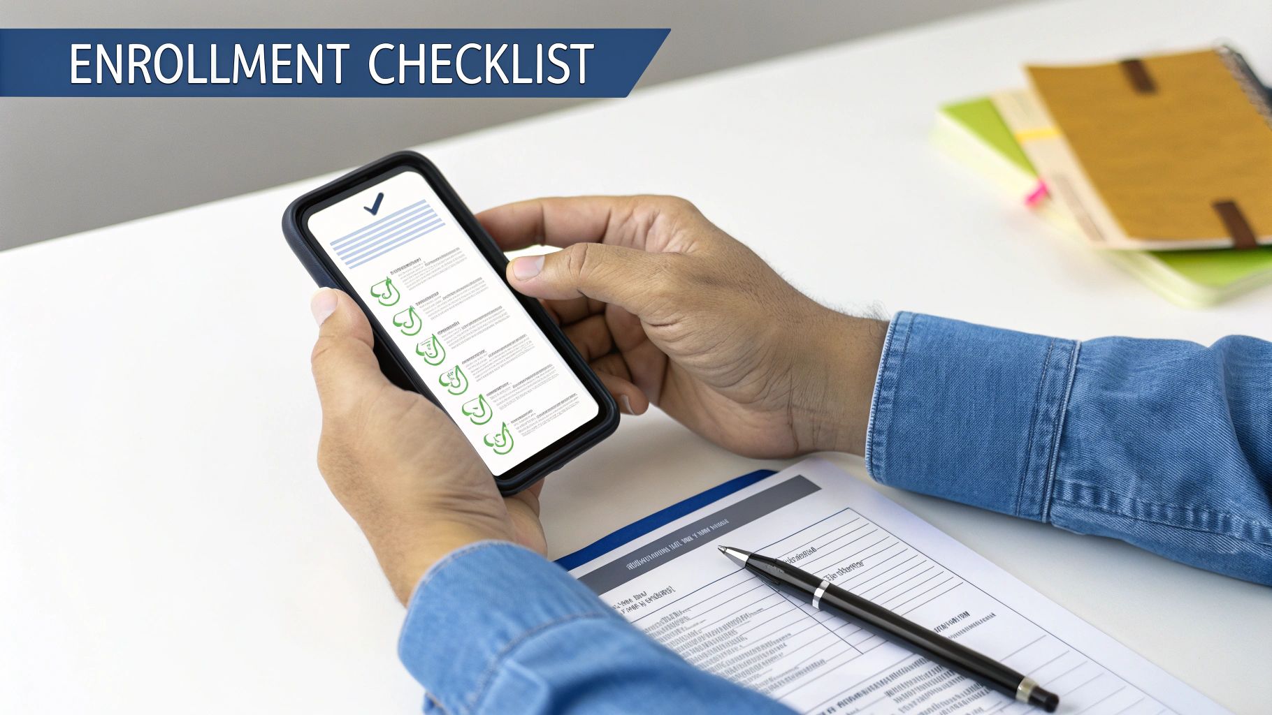 Hands holding a smartphone showing a digital enrollment checklist with green checkmarks, beside a pen and papers.