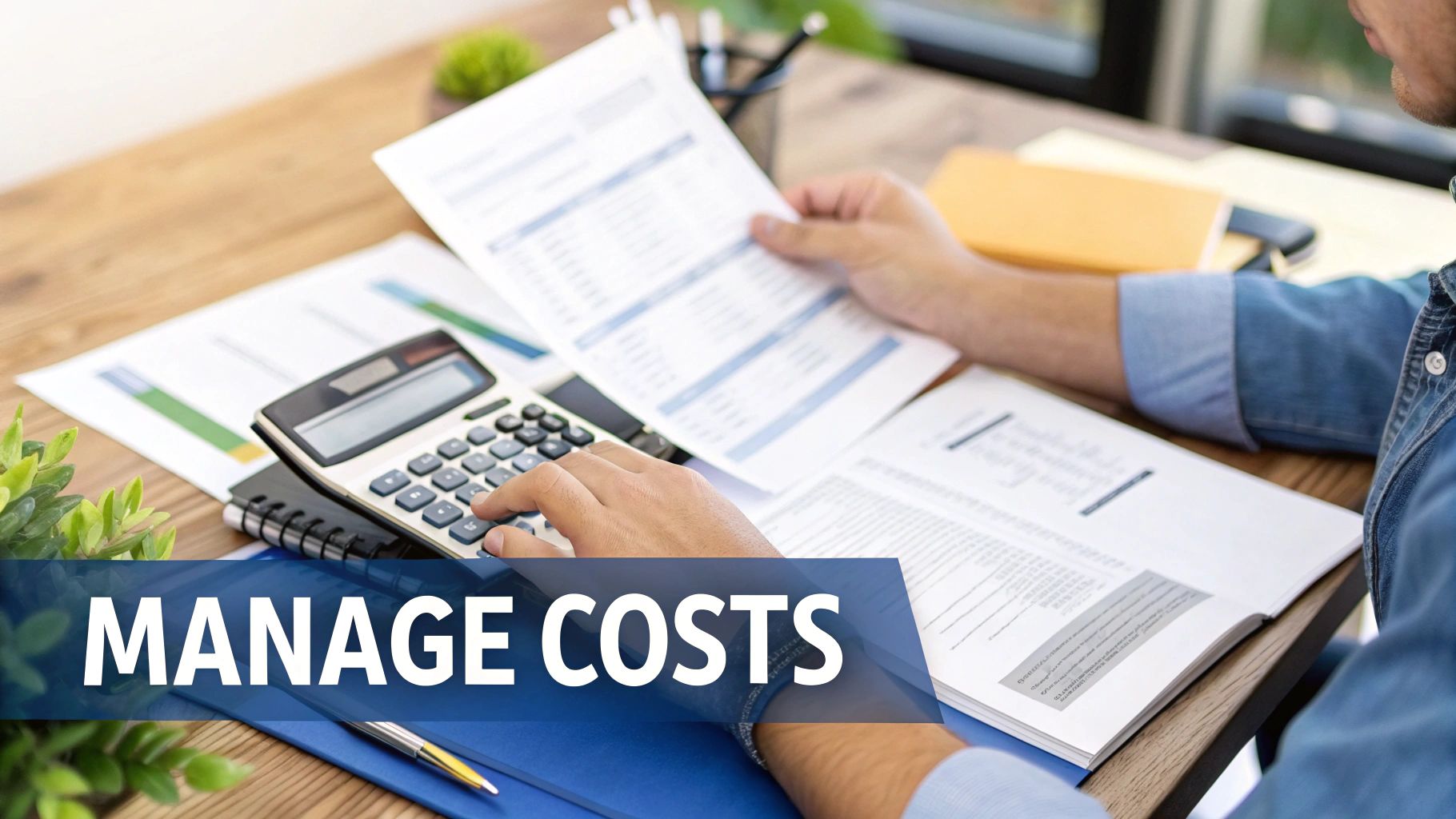 A person carefully reviewing their budget with a calculator and papers, looking for ways to save money.