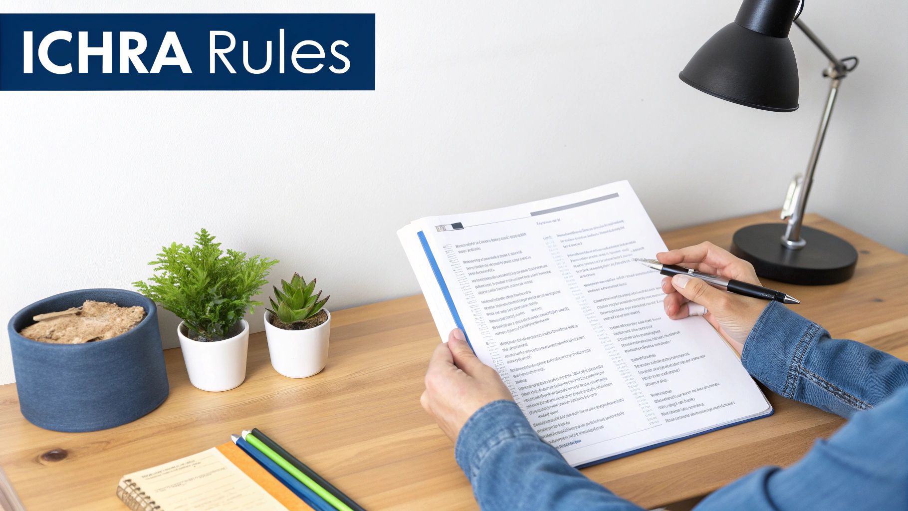 Person studying ICHRA rules document at a desk with potted plants and a lamp.