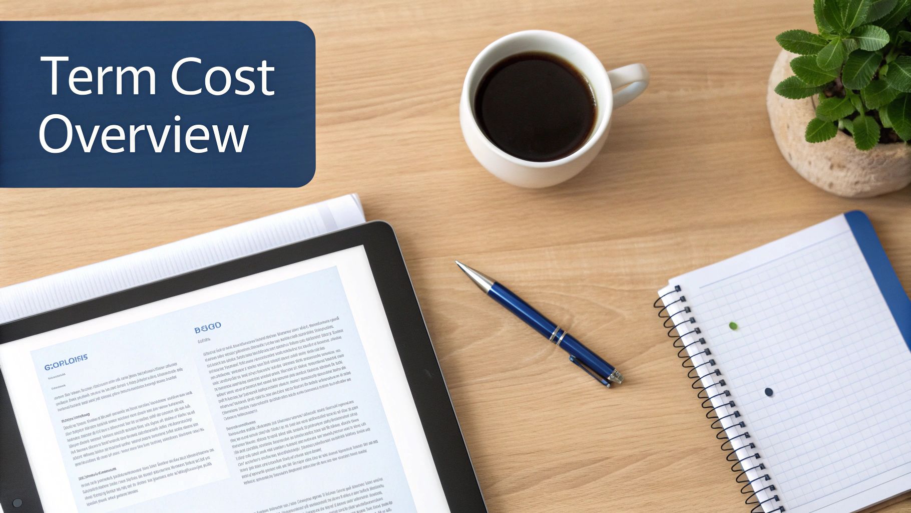 Term cost overview presentation with coffee, tablet, notebook and pen on wooden desk