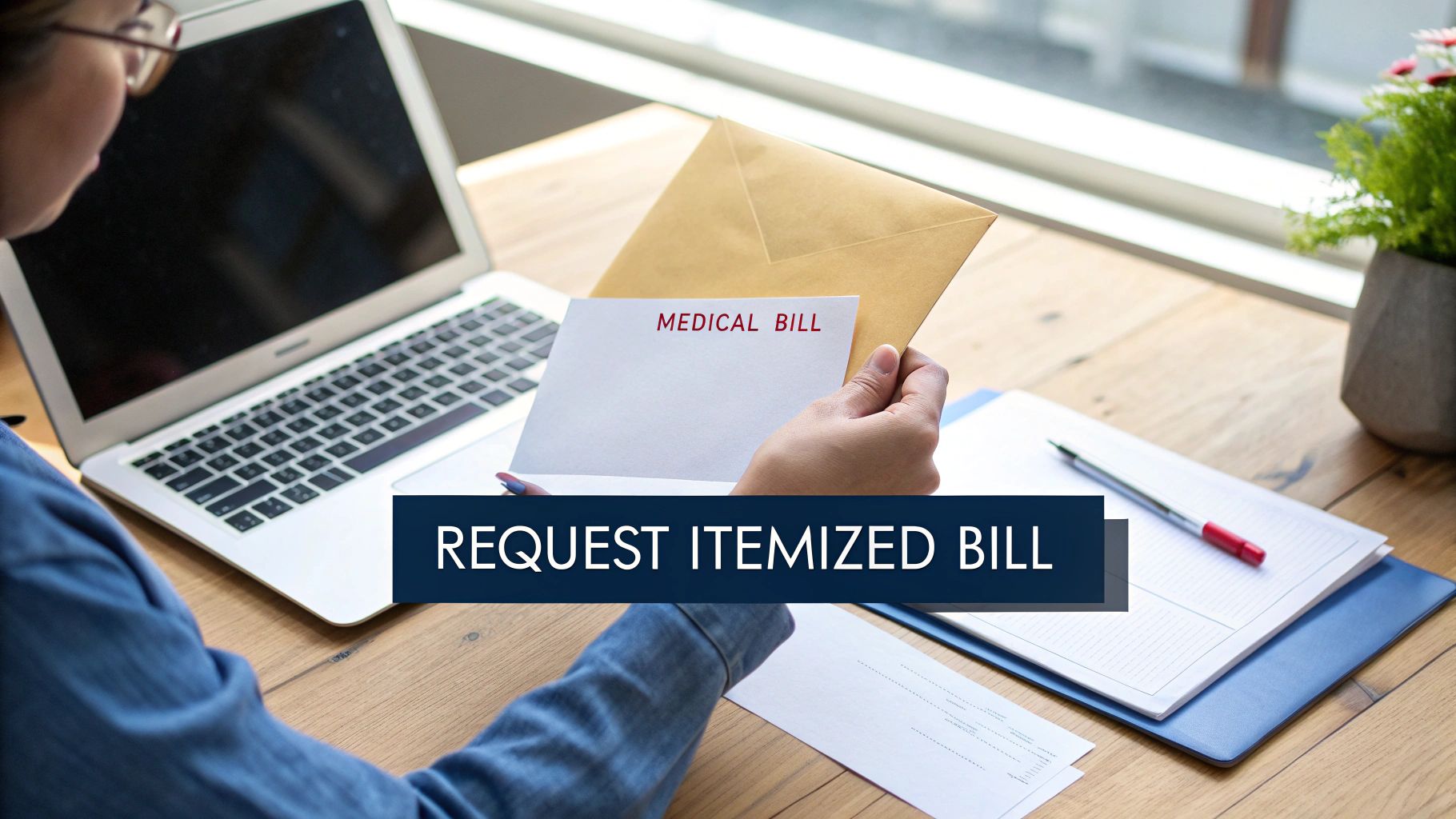 A person reviews a medical bill received in an envelope, next to a laptop on a wooden desk.