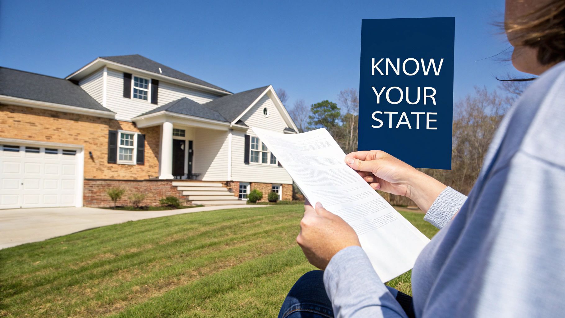 A person sits outdoors, reading a document in front of a modern house with a 'KNOW YOUR STATE' sign.