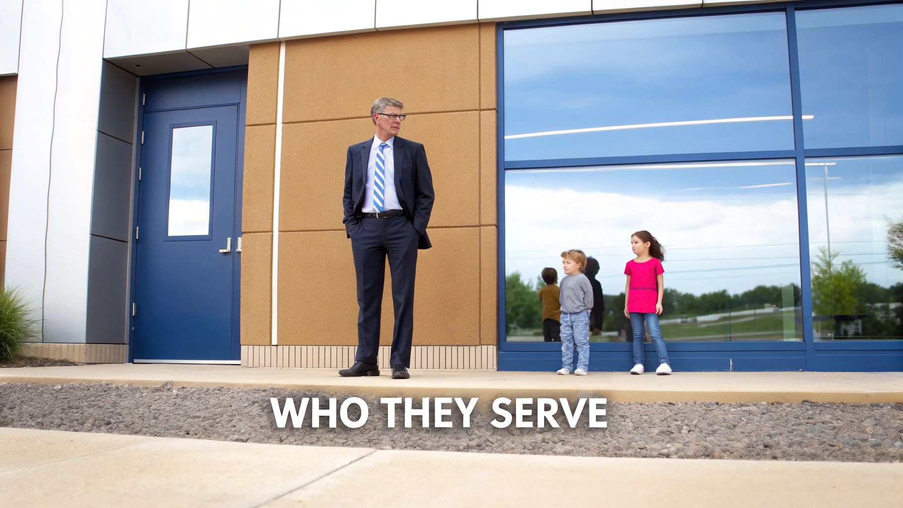 A man in a suit stands by two children outside a modern building, symbolizing the people served.