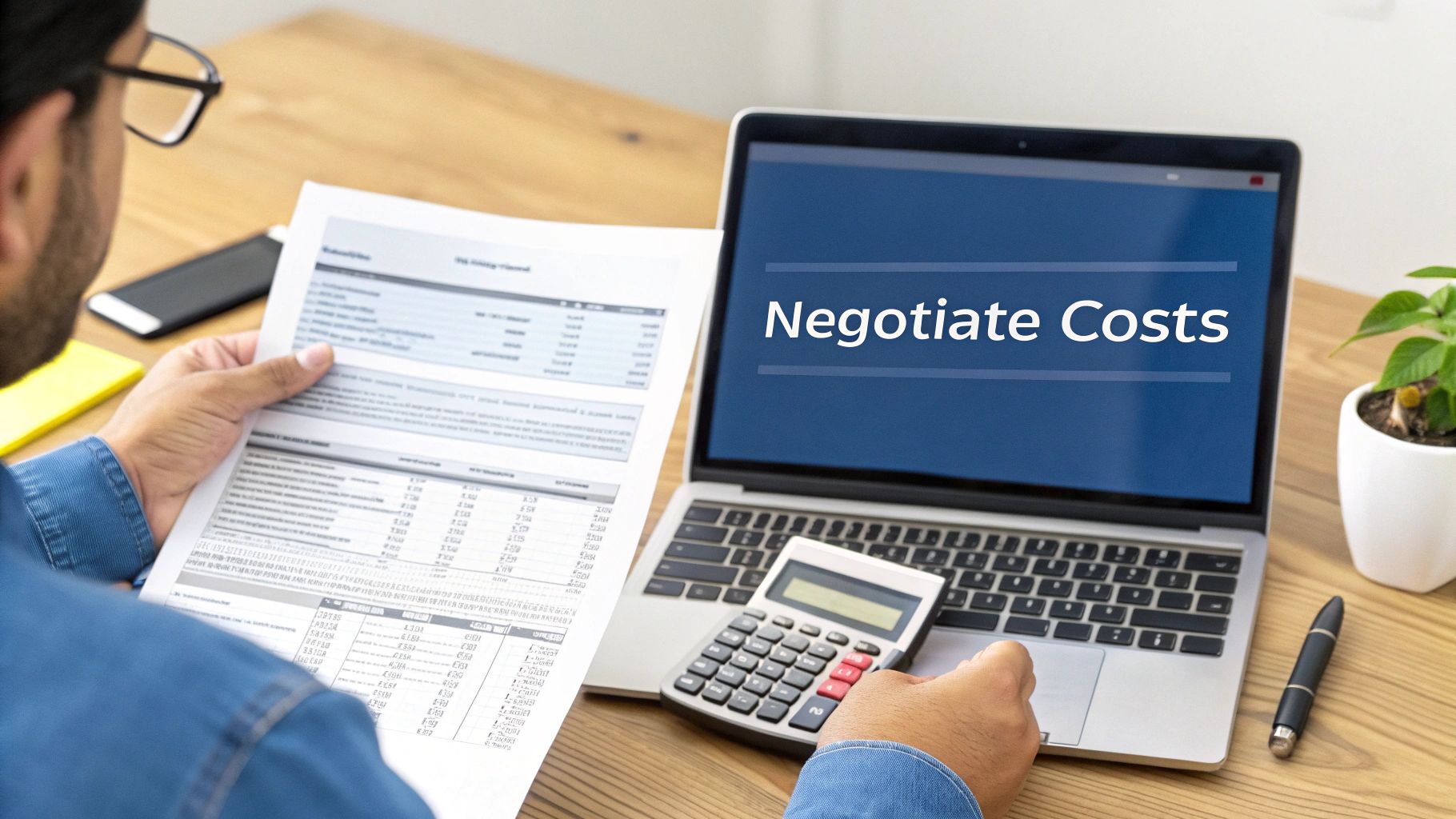 A person reviewing a medical bill at a desk with a calculator