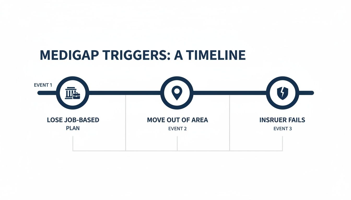 Medigap triggers timeline showing three events: losing job-based plan, moving out of area, and insurer failing.
