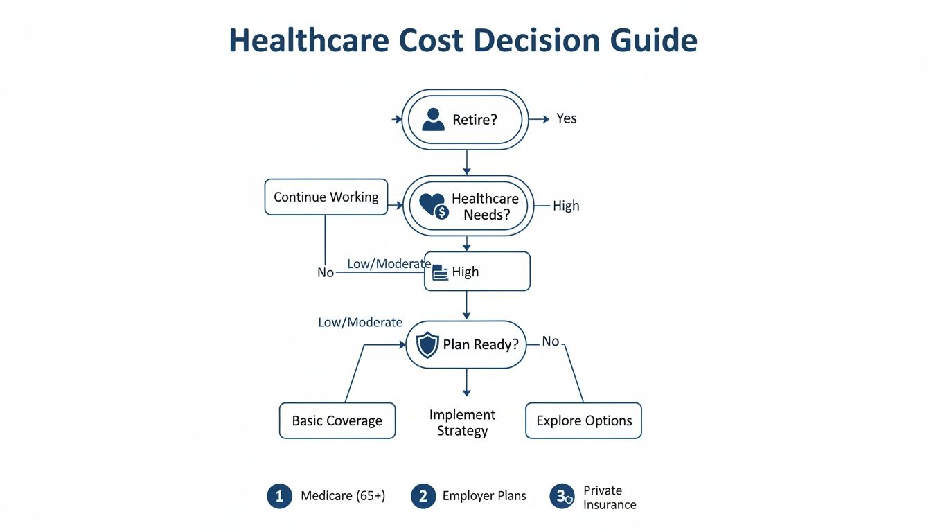 Flowchart detailing healthcare cost decisions based on retirement, needs, and existing plans, with insurance options.