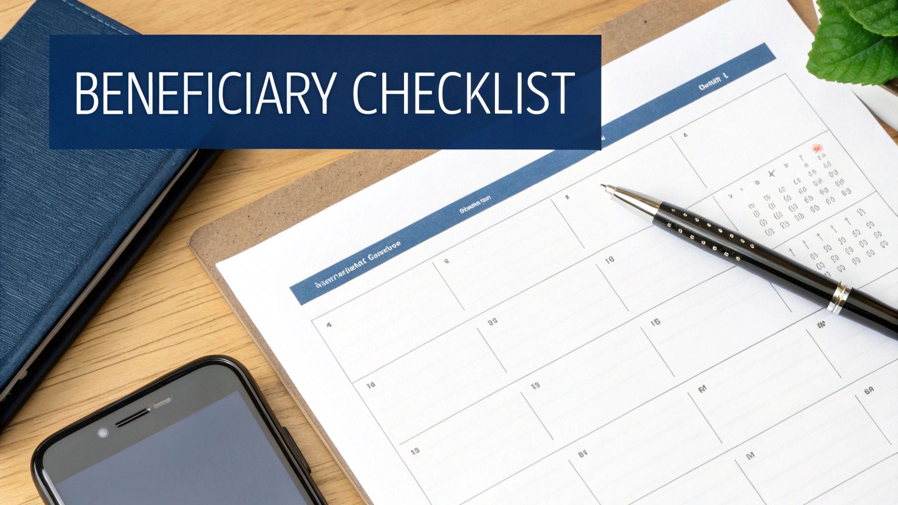 A 'BENEFICIARY CHECKLIST' banner over a desk with a planner, pen, phone, and notebook.