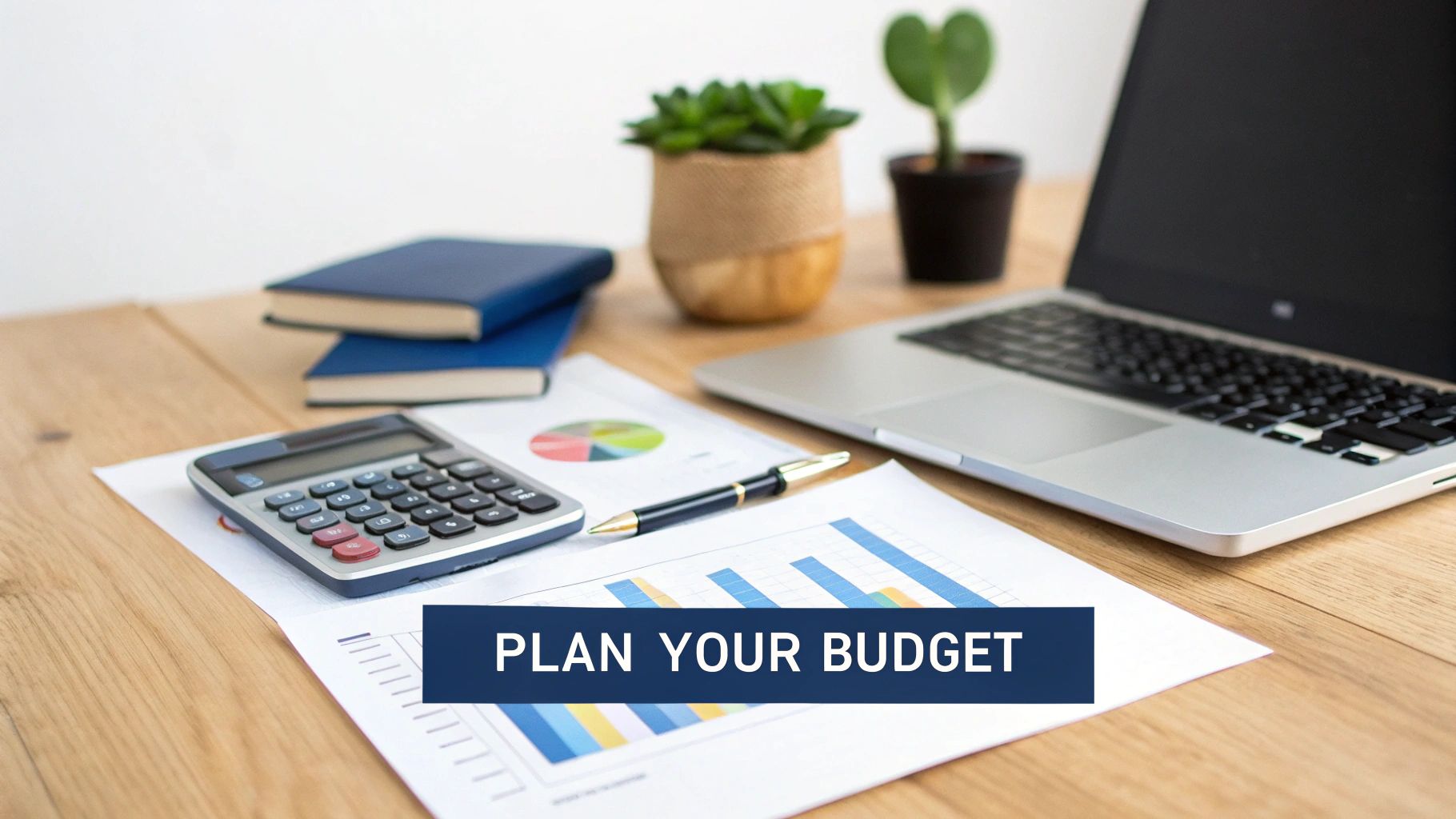A desk with a calculator, laptop, financial charts, and plants, with text 'PLAN YOUR BUDGET'.