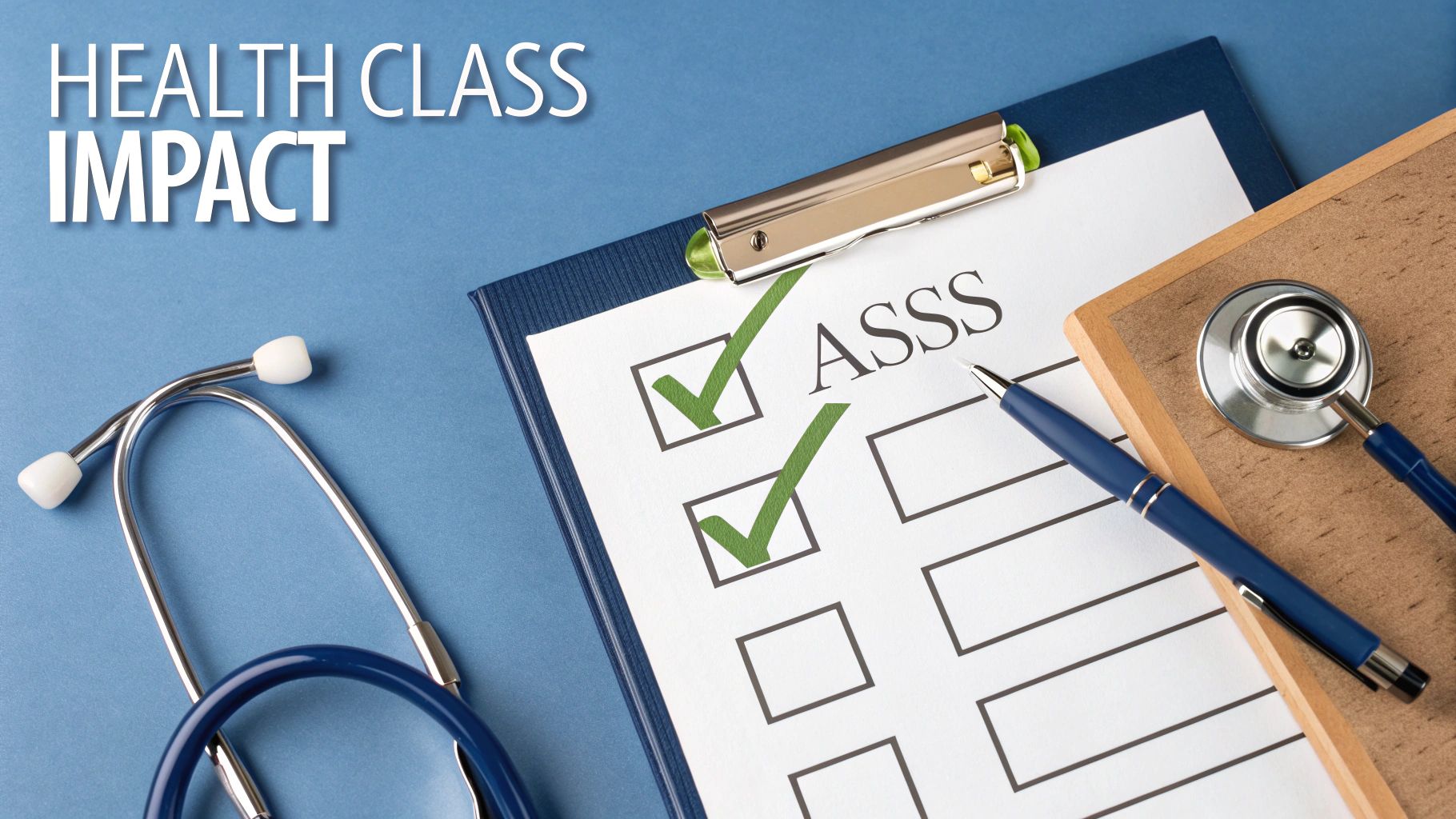 Health class impact assessment checklist with stethoscope and medical clipboard on blue background