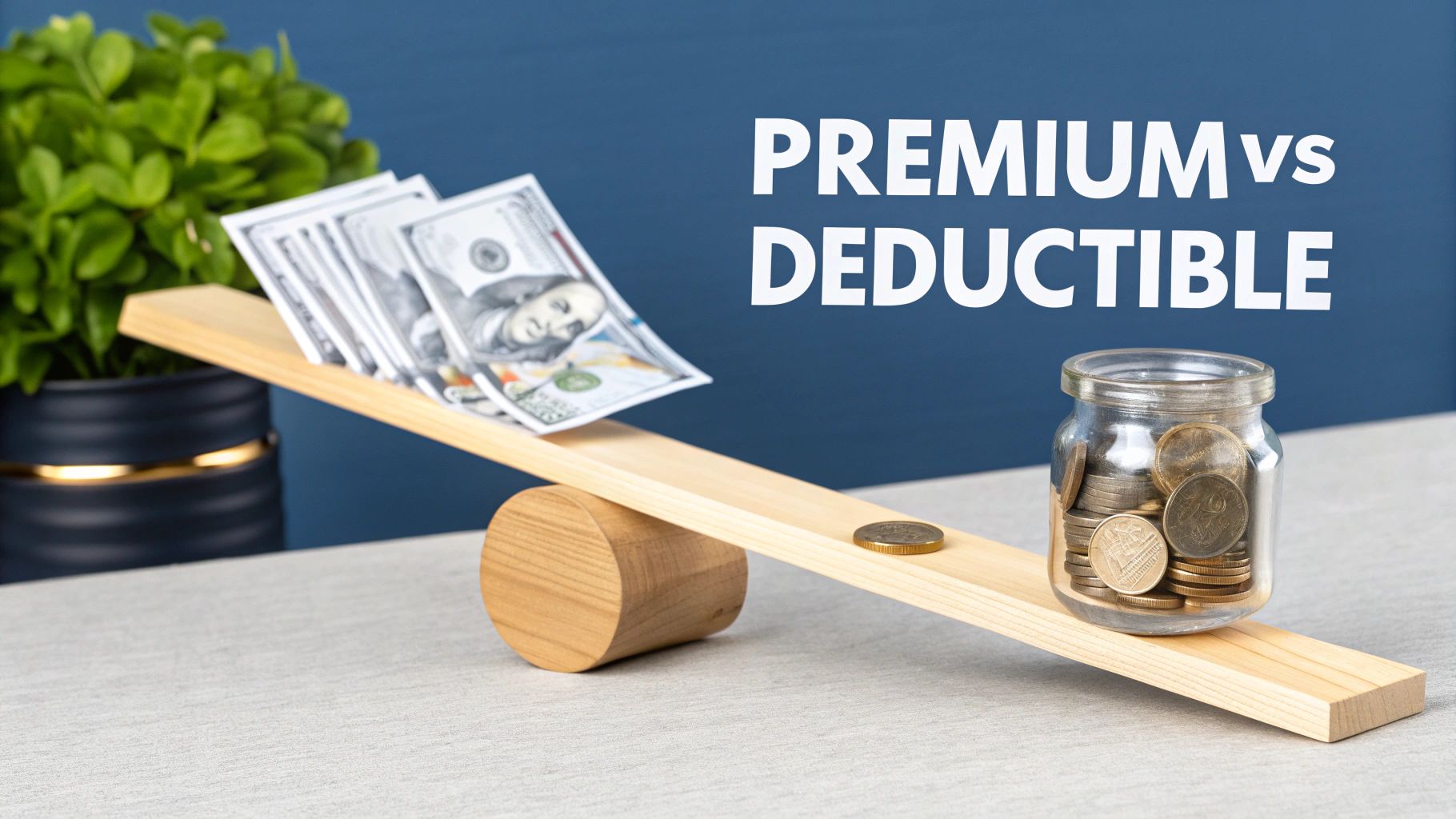 A balance scale weighing a stack of hundred-dollar bills against a jar of coins, illustrating insurance concepts.