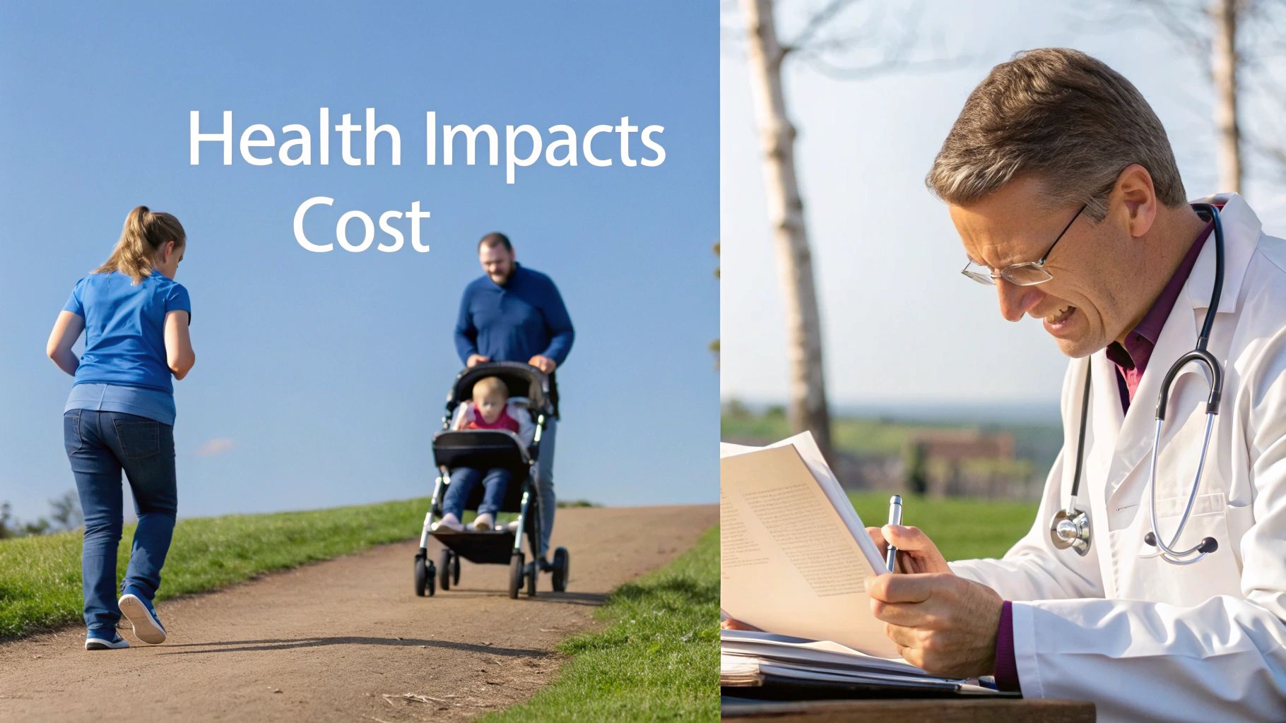 Two images show healthy family outdoor activity and a doctor reviewing medical documents, with 'Health Impacts Cost' text.