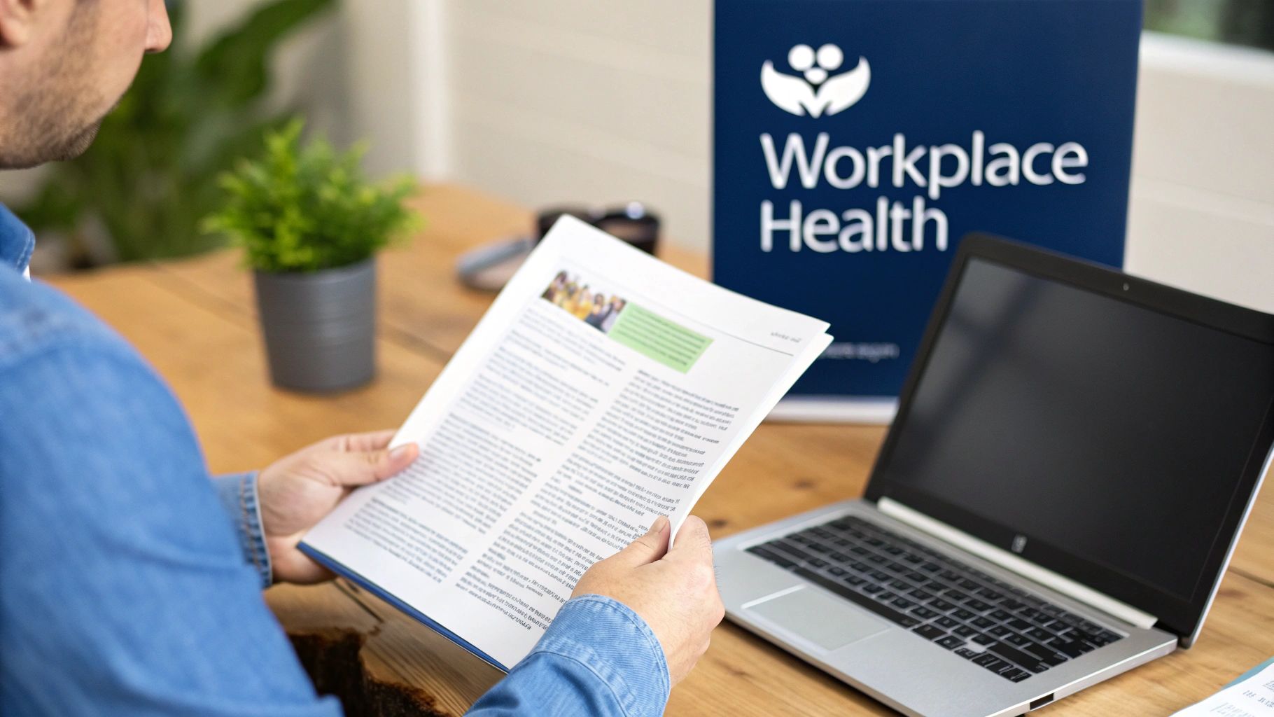 Man reading a 'Workplace Health' document at a desk with a laptop and potted plant.