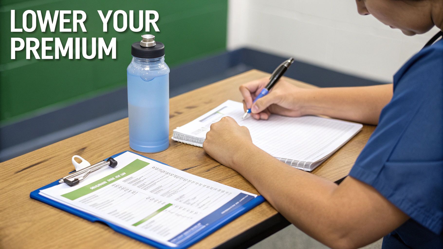Person reviewing life insurance premium documents and taking notes at wooden desk with water bottle