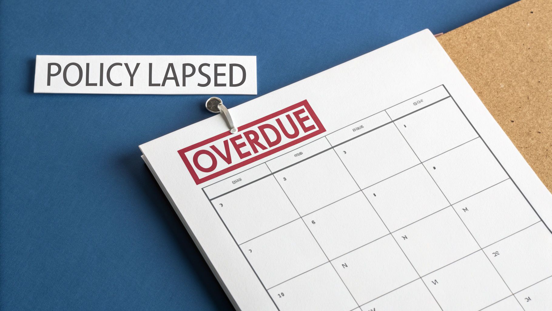A calendar with a past-due payment notice, symbolizing a policy lapse.