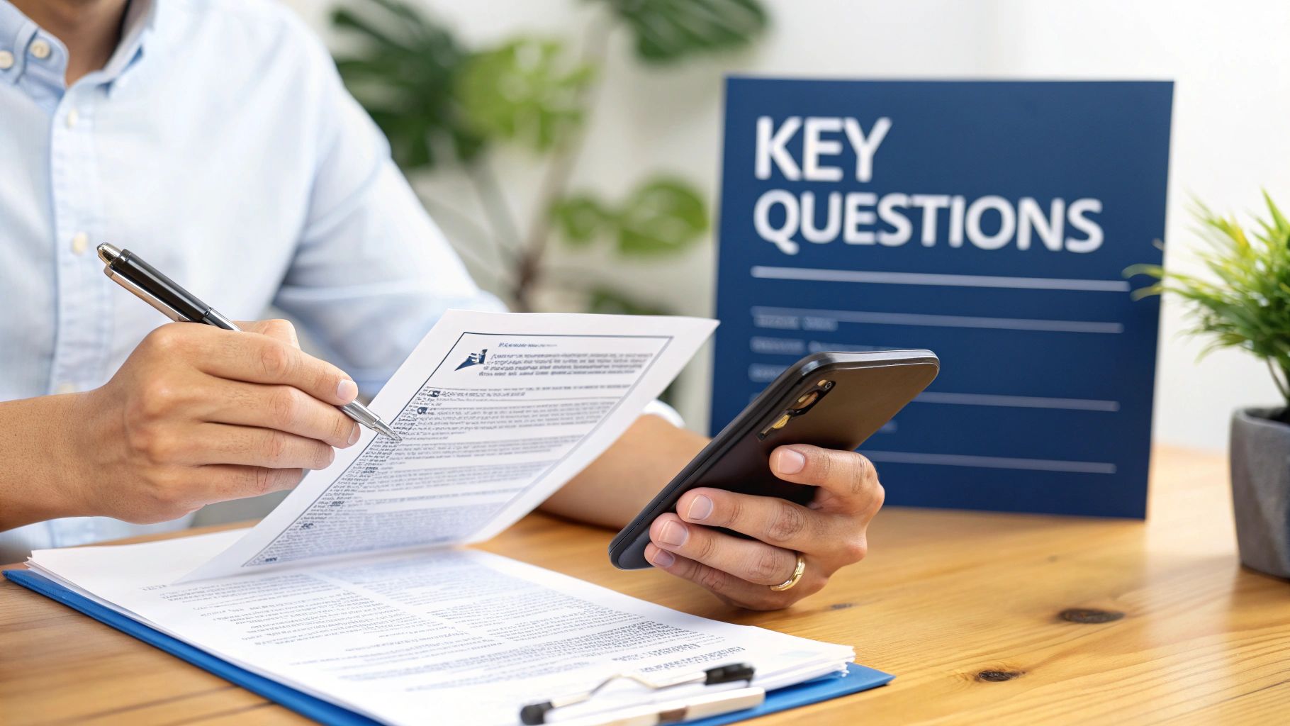 A person reviews a document with a pen and smartphone, with 'KEY QUESTIONS' in the background.